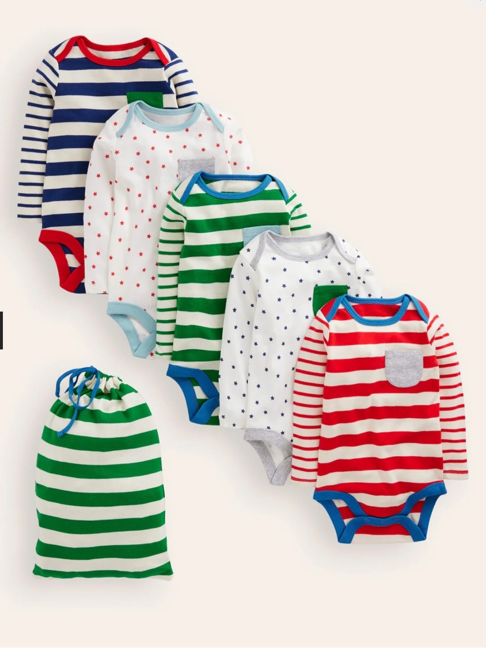 Mini Boden Red, Blue, Green and White Stripe & Star Mix Bodysuit Set